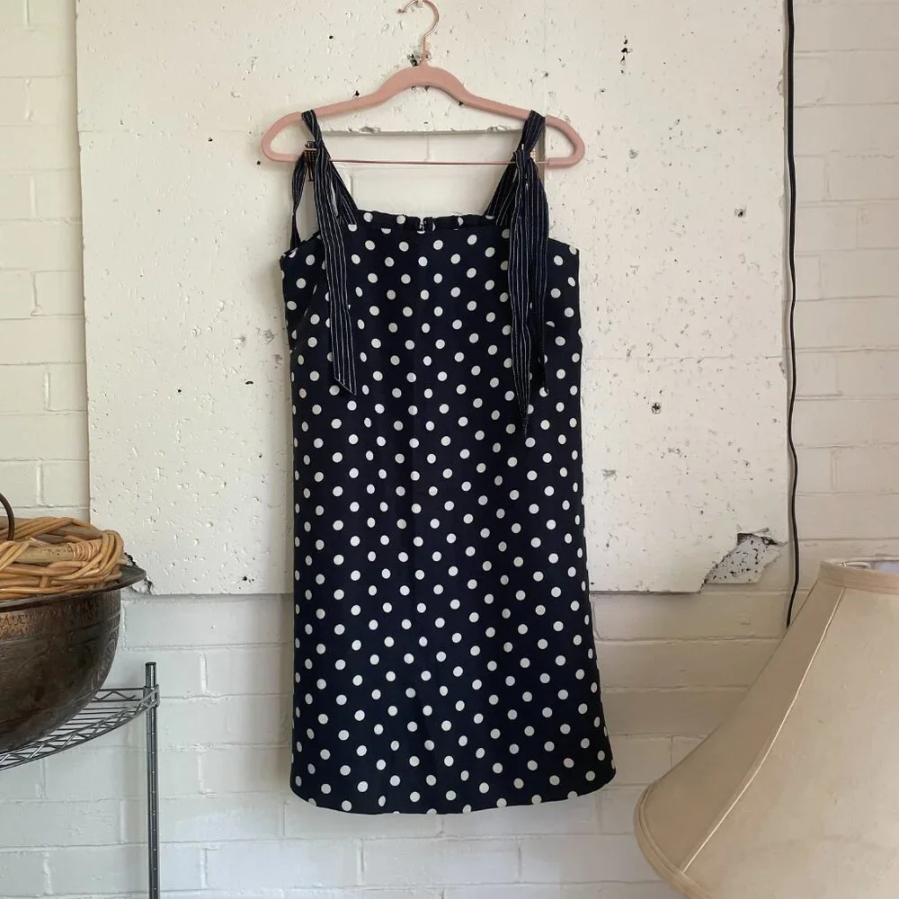 J. Crew | Navy Blue/White Polka Dot Linen/Silk Blend Tie-Shoulder Dress 4 - Picture 4 of 8
